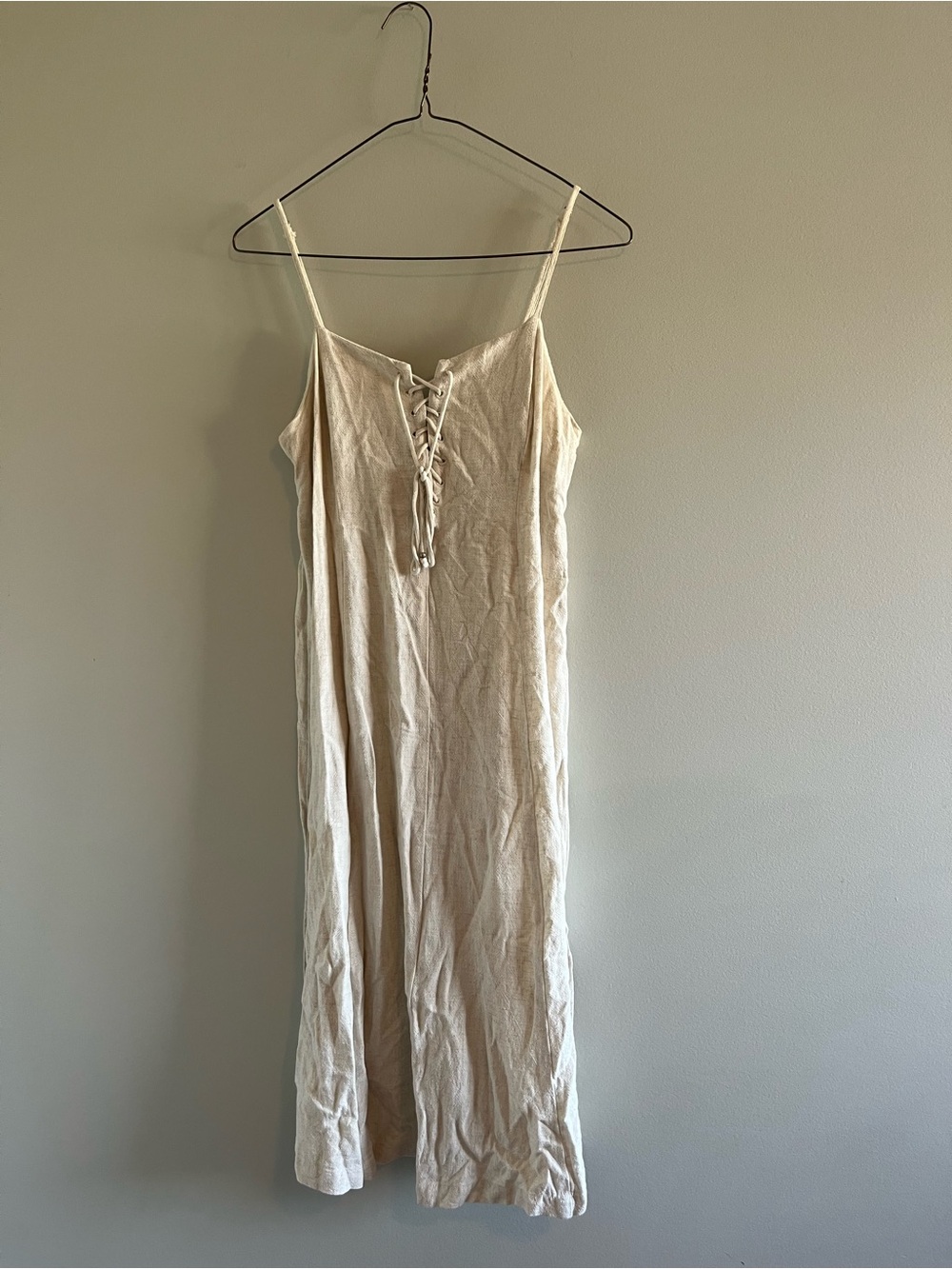 Gentle Fawn Beige Spaghetti Strap Lace-Up Midi Dress
